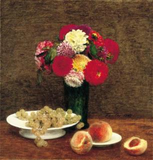Henri Fantin-Latour - Nature morte: Dahlias, raisins et pêches