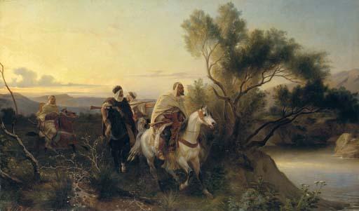 Henri-Félix-Emmanuel Philippoteaux - Arab horsemen fording a stream