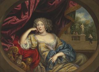 Henri Gascars - Portrait of a lady, seated three-quarter-length, in a white and gold gown with a blue robe, a garden beyond