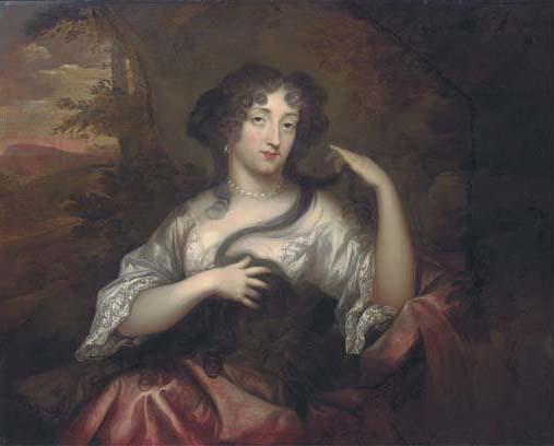 Henri Gascars - Portrait of Hortense Mancini, Duchess of Mazarin (1640-1699), three-quarter-length, seated, in a white blouse and pink wrap, with a landscape beyond