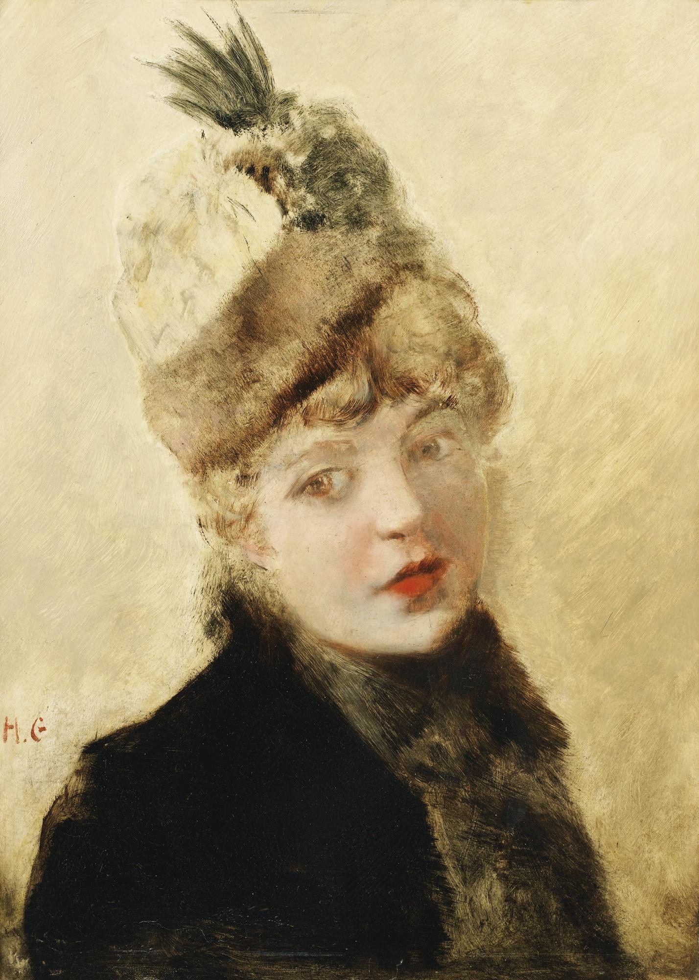 Henri Gervex - Jeune Femme À L\'Aigrettehenri Gervex ; Young Woman Wearing A Hat ; Monogrammed Lower Left ; Oil On Panel