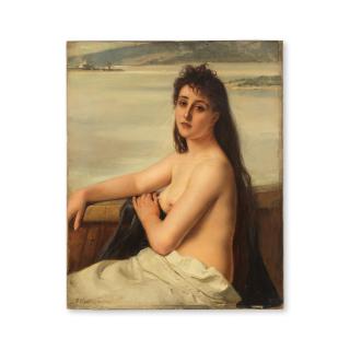 Henri Guillaume Schlésinger - Portrait de jeune fille dans un paysage lacustre sans cadre