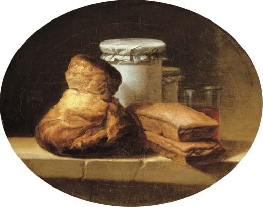 Henri-Horace Roland de la Porte - A brioche, two pastries, two covered jars and a glass of red wine on a stone ledge