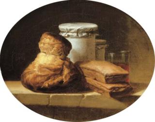 Henri-Horace Roland de la Porte - A brioche, two pastries, two covered jars and a glass of red wine on a stone ledge