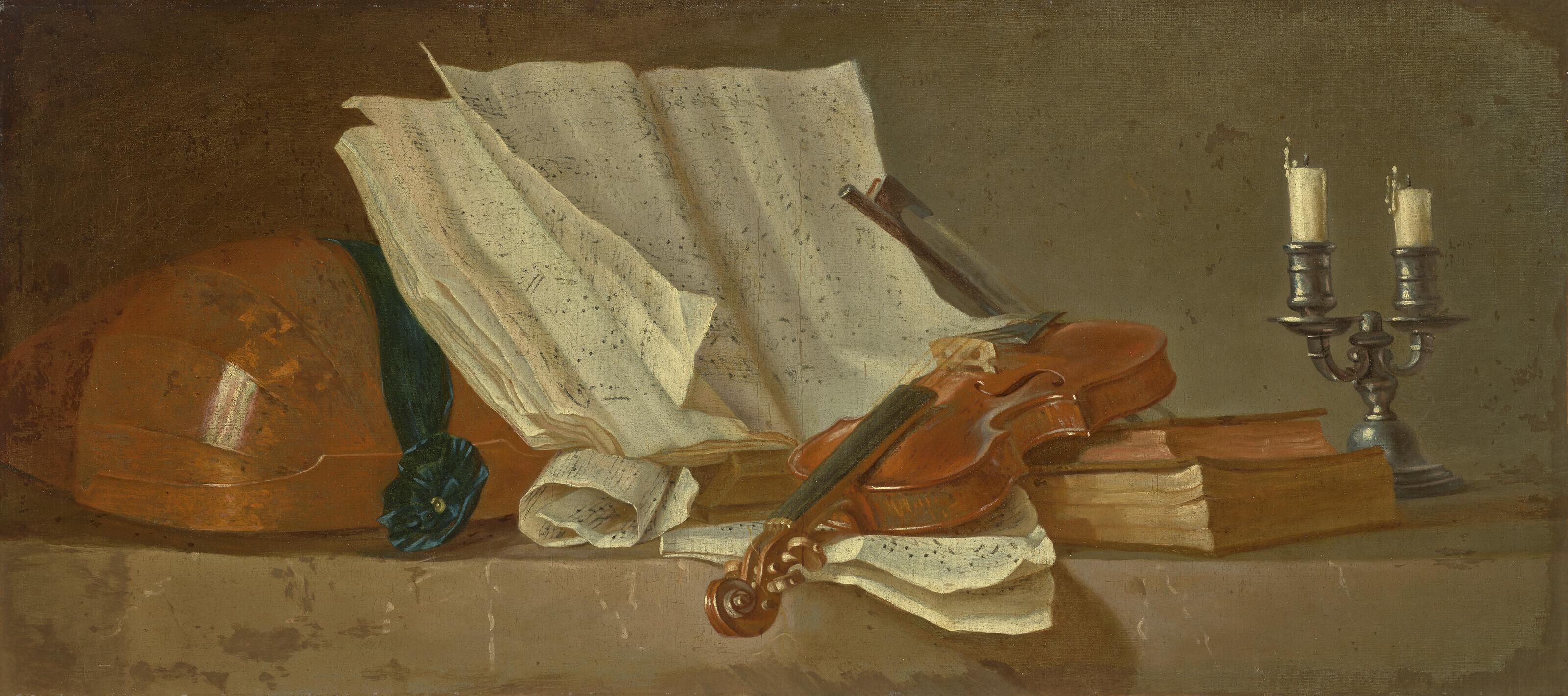 Henri-Horace Roland de la Porte - A musical score on a reading stand, a violin and a bow, a lute, a candlestick and books on a ledge - an overdoor