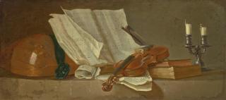 Henri-Horace Roland de la Porte - A musical score on a reading stand, a violin and a bow, a lute, a candlestick and books on a ledge - an overdoor