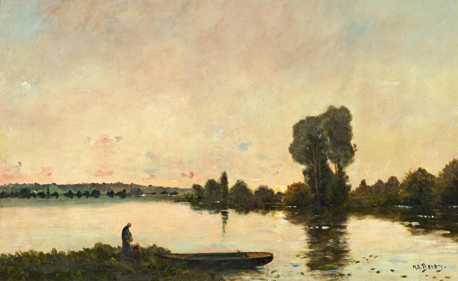 Henri Jacques Delpy - Flusslandschaft in der Morgendämmerung.
