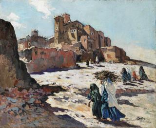 Henri-Jean Pontoy - Femmes Se Dirigeant Vers La Kasbah D\'Ouarzazatehenri-Jean Pontoy ; Women Heading Toward The Kasbah Of Ouarzazate ; Signed Lower Right ; Oil On Canvas