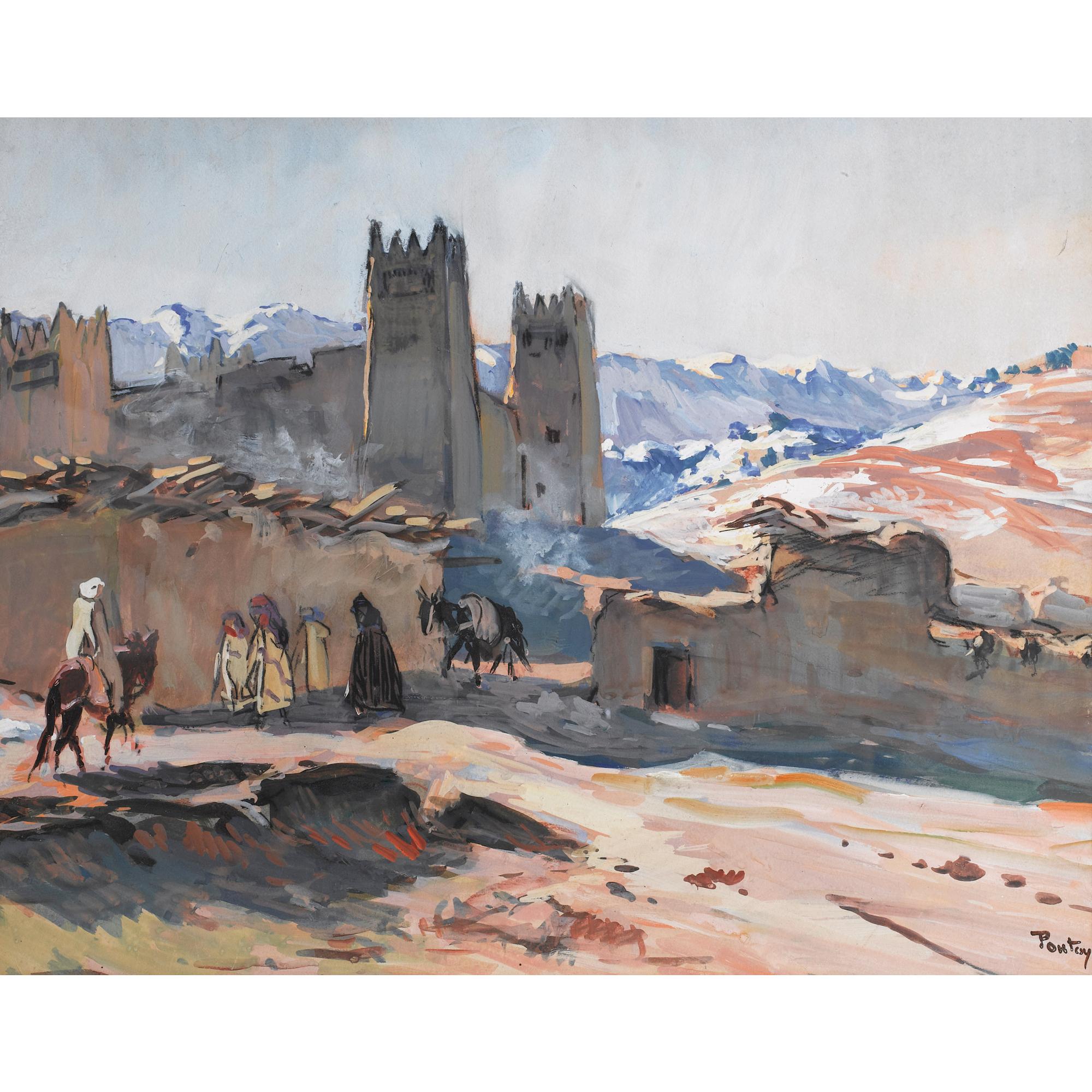 Henri-Jean Pontoy - Ksar Dans L\'Atlashenri-Jean Pontoy  ; Ksar In The Atlas ; Signed Lower Right ; Gouache Over Charcoal