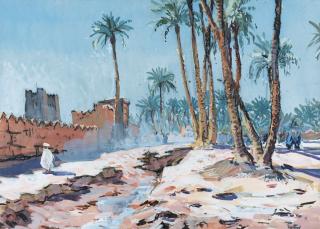 Henri-Jean Pontoy - Les Remparts À Marrakechhenri-Jean Pontoy ; Marrakech Ramparts ; Signed Lower Right ; Gouache Heightened With Charcoal On Paper
