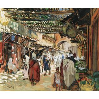 Henri-Jean Pontoy - Souk Au Marochenri Pontoy ; Market In Morroco ; Signed Lower Left  ; Gouache