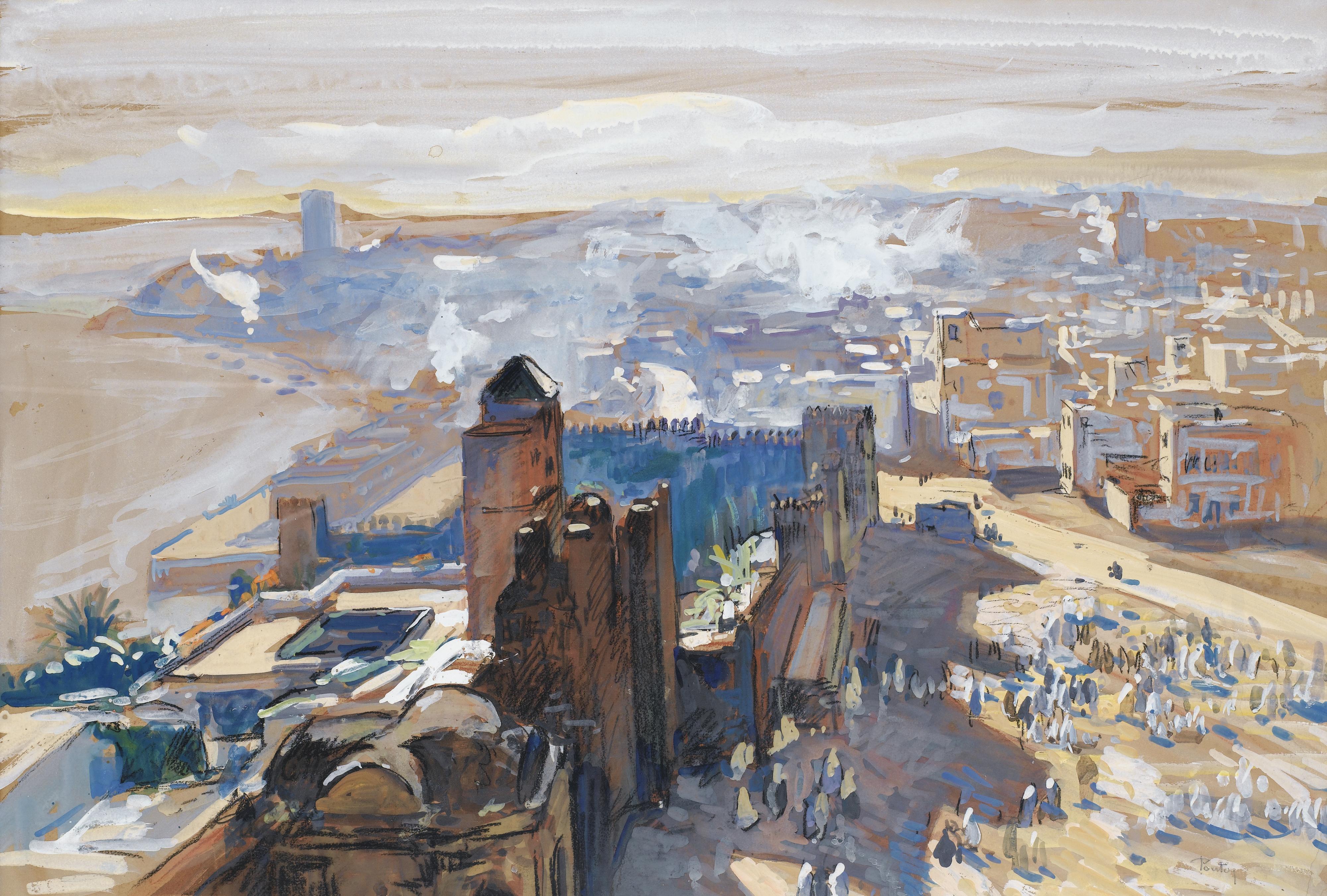 Henri-Jean Pontoy - Vue De Rabat-Sale, Le Port De Rabat Vu Des Toits De La Villehenri-Jean Pontoy ; View Of Rabah-Saleh, The Harbour Of Rabat, Morocco ; Signed Lower Right ; Gouache And Charcoal On Beige Paper