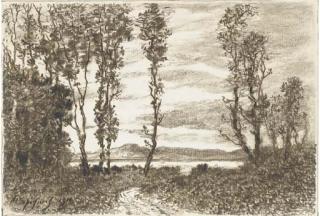 Henri-Joseph Harpignies - A Path Through A Wood Leading To A Lake, Hills In The Distance