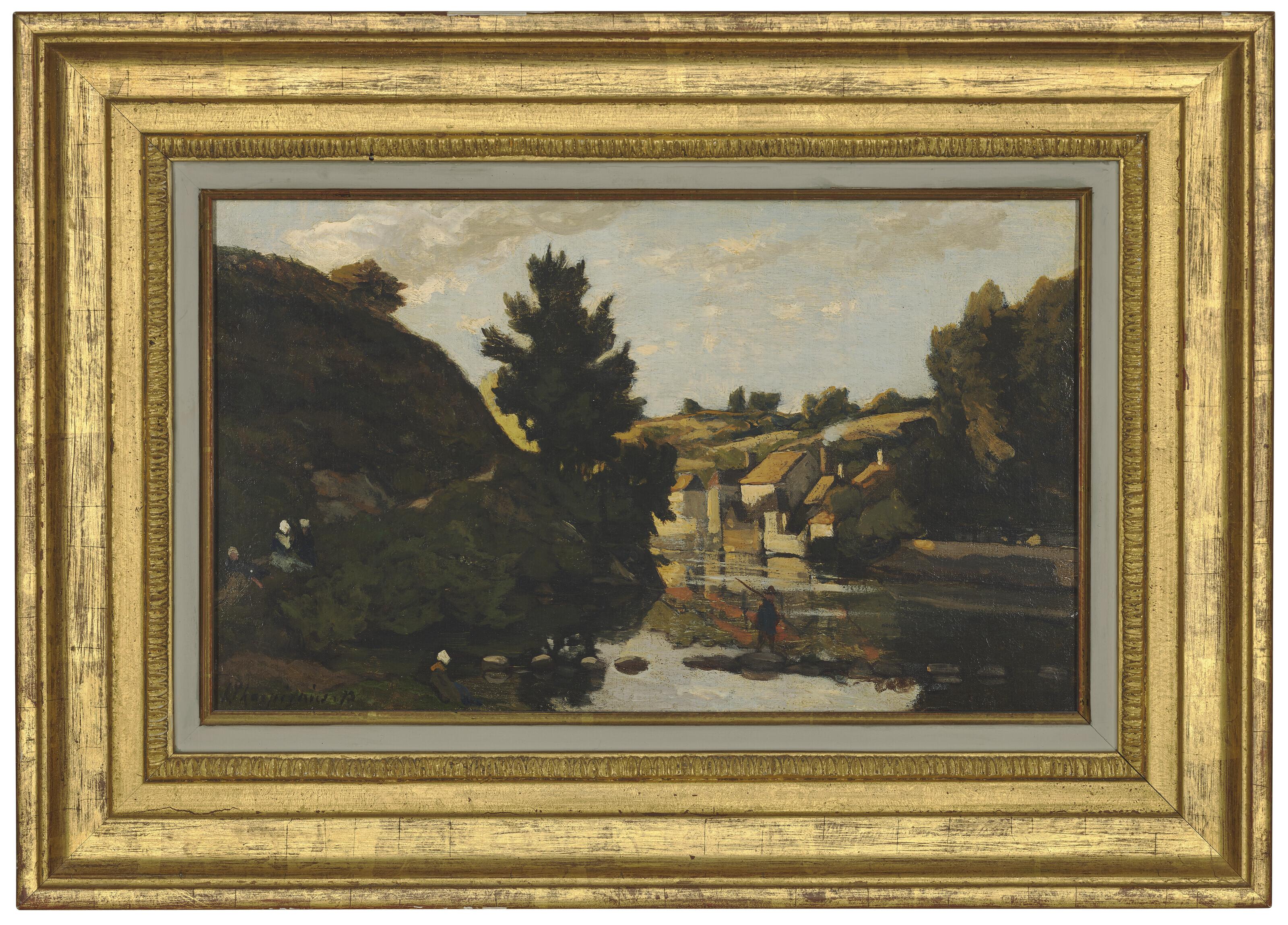 Henri Joseph Harpignies - Figures in a river landscape