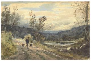 Henri-Joseph Harpignies - Landscape with hunter, a boy and a dog
