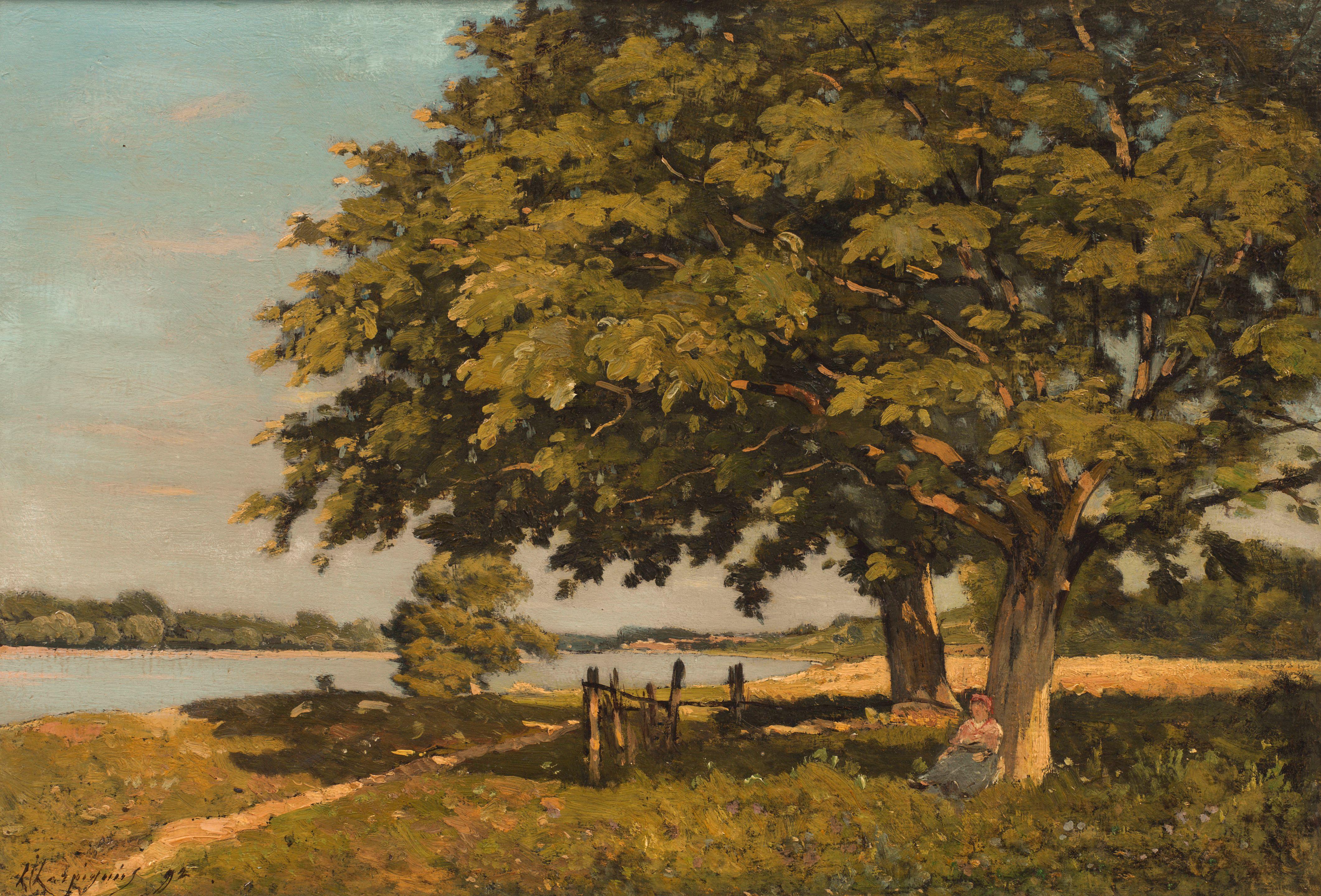 Henri Joseph Harpignies - Landscape with river and lady seated under a tree