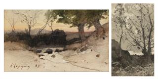 Henri-Joseph Harpignies - Landscape with stream; Sunset landscape