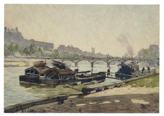Henri-Joseph Harpignies - Paris: the Seine with the Louvre and the Pont des Arts (recto); A rocky river landscape (verso)