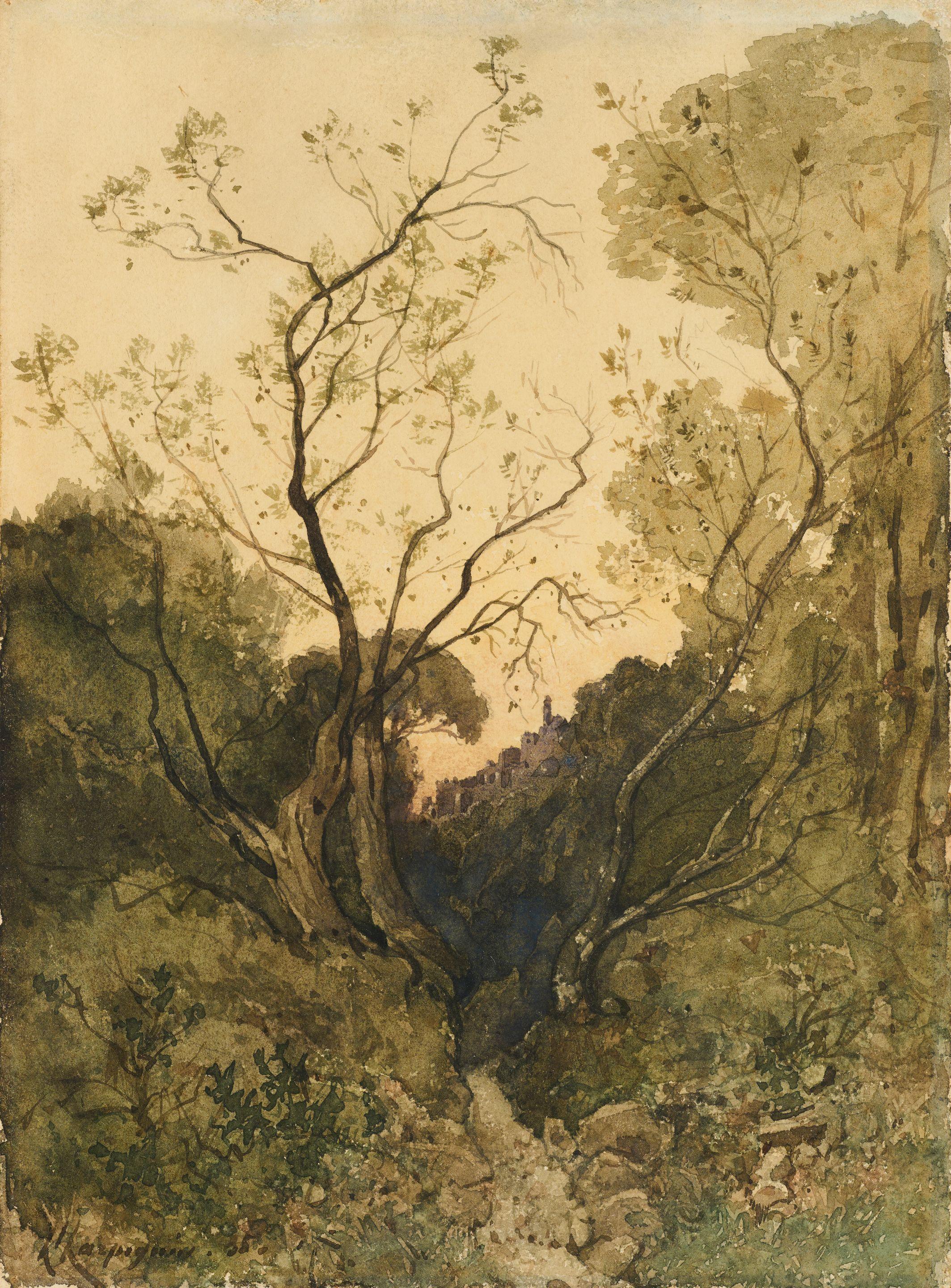 Henri Joseph Harpignies - Paysage boisé, avec village au lointain