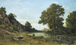 Henri-Joseph Harpignies - Paysage De Rivière Avec Un Village À L\'Arrière-Plan