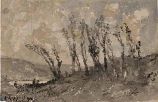 Henri-Joseph Harpignies - Personnages dans un paysage bordé d\'arbres