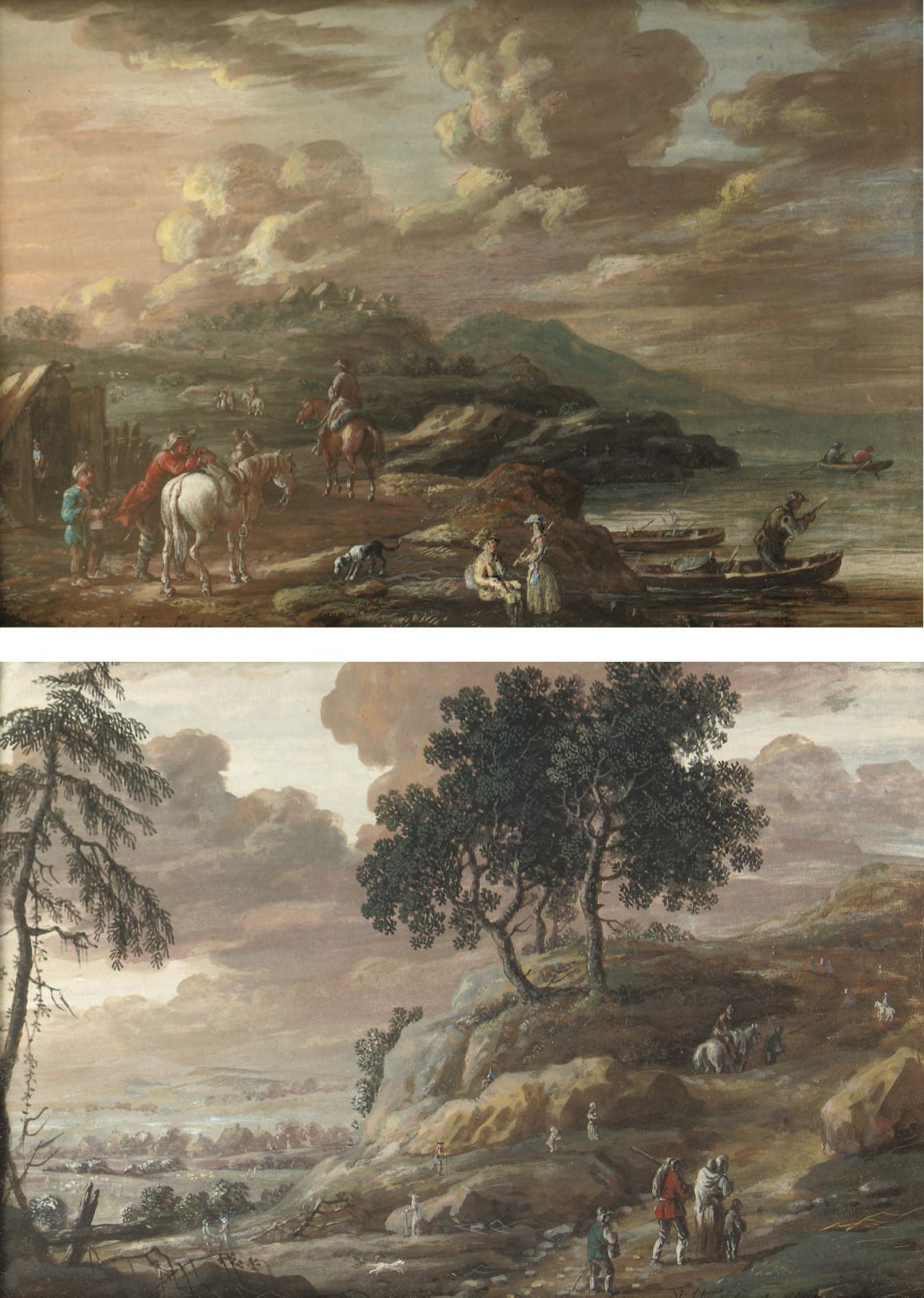 Henri-Joseph Van Blarenberghe - A coastal landscape with horsemen and other figures outside a stable, figures in boats nearby; and A hilly river landscape with travellers on a track, a village beyond