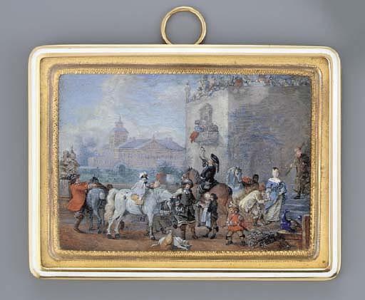 Henri-Joseph Van Blarenberghe - L\'arrivée: horsemen dismounting before town ramparts crowded with onlookers, a servant offering wine, dogs and peacocks in the foreground; a building beyond