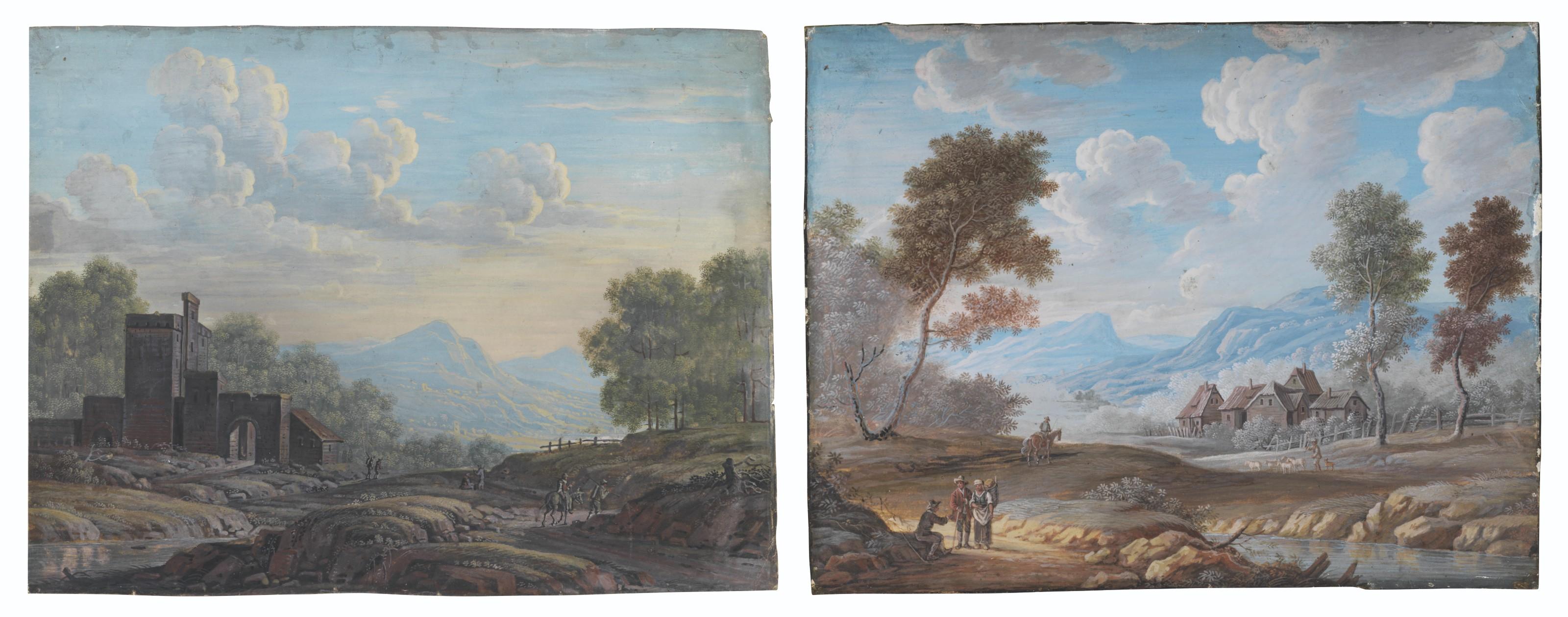 Henri-Joseph Van Blarenberghe - Travellers in a wooded landscape, a village beyond and a range of hills (i); A wooded landscape with a castle, travellers on a path (ii)