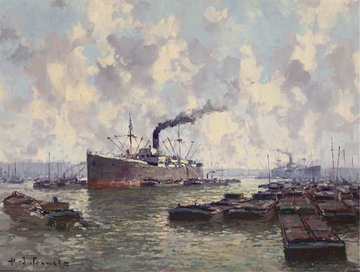 Henri-Jules Pauwels - Bustling Activity In The Harbour At Antwerp