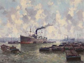 Henri-Jules Pauwels - Bustling Activity In The Harbour At Antwerp