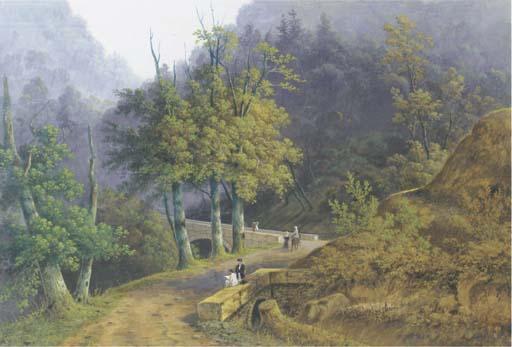 Henri Knip - A mountainous wooded landscape with a draughtsman seated on a bridge and other figures strolling on a path