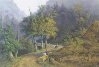 Henri Knip - A mountainous wooded landscape with a draughtsman seated on a bridge and other figures strolling on a path