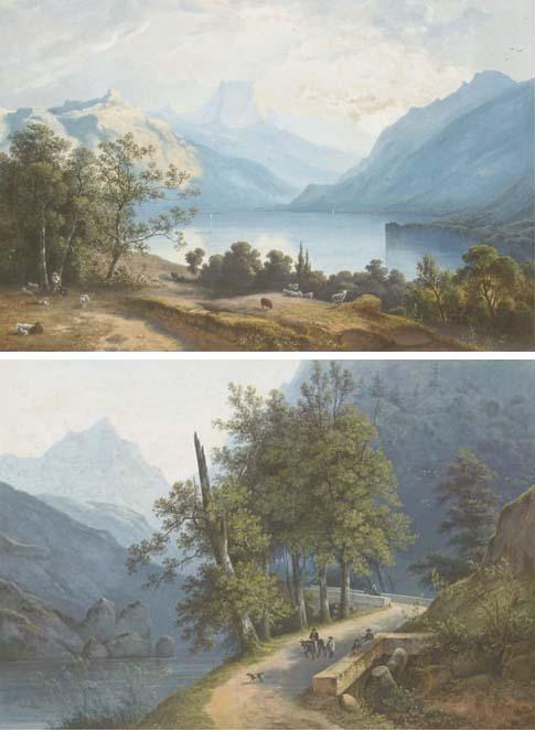 Henri Knip - A View of An Alpine Lake With A Shepherd And His Flock; Travellers In A Mountain Valley