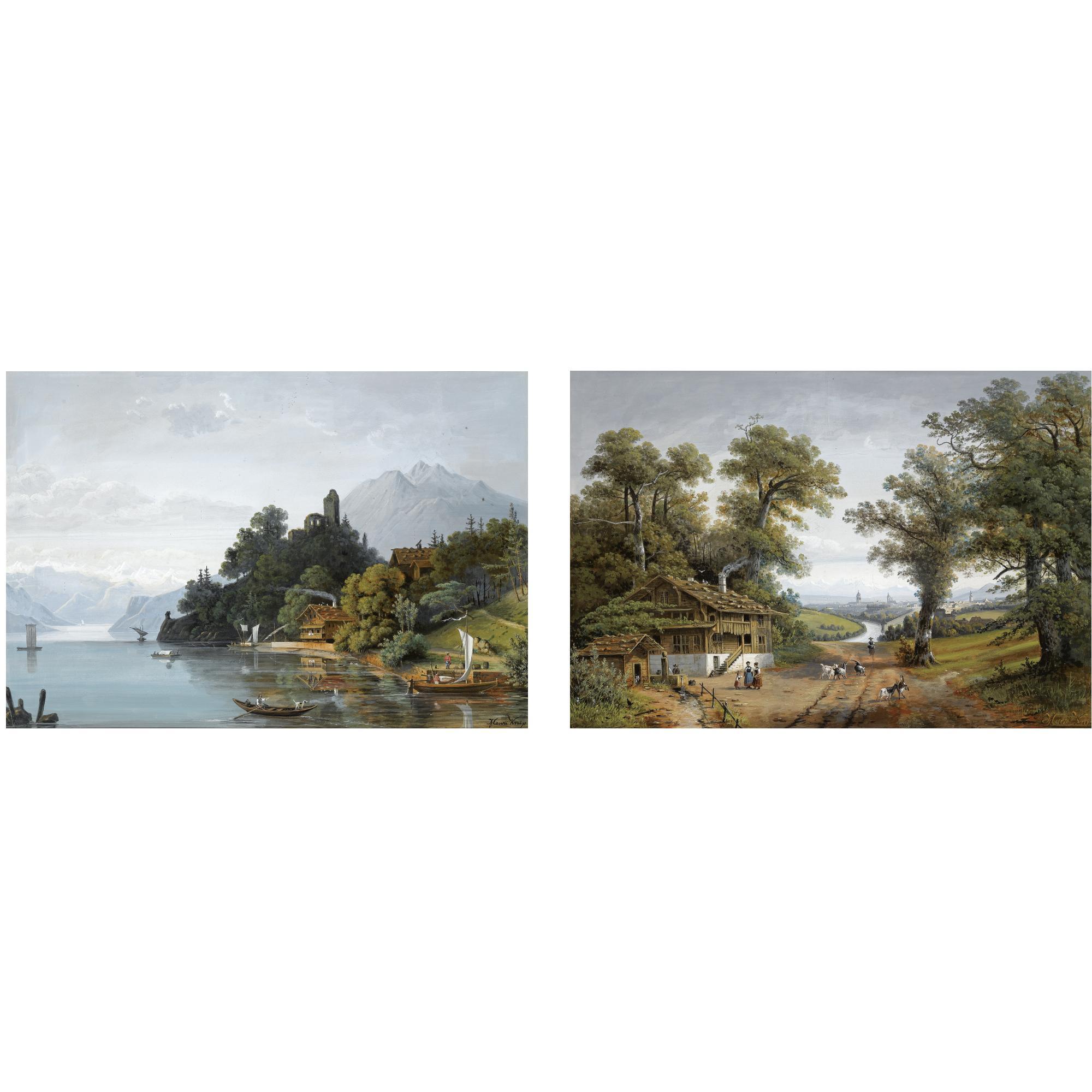 Henri Knip - Dutch The Ruins Of Habsburg Castle Near Kussnacht, Luzern; A River Landscape With Bern In The Distance (A Pair)