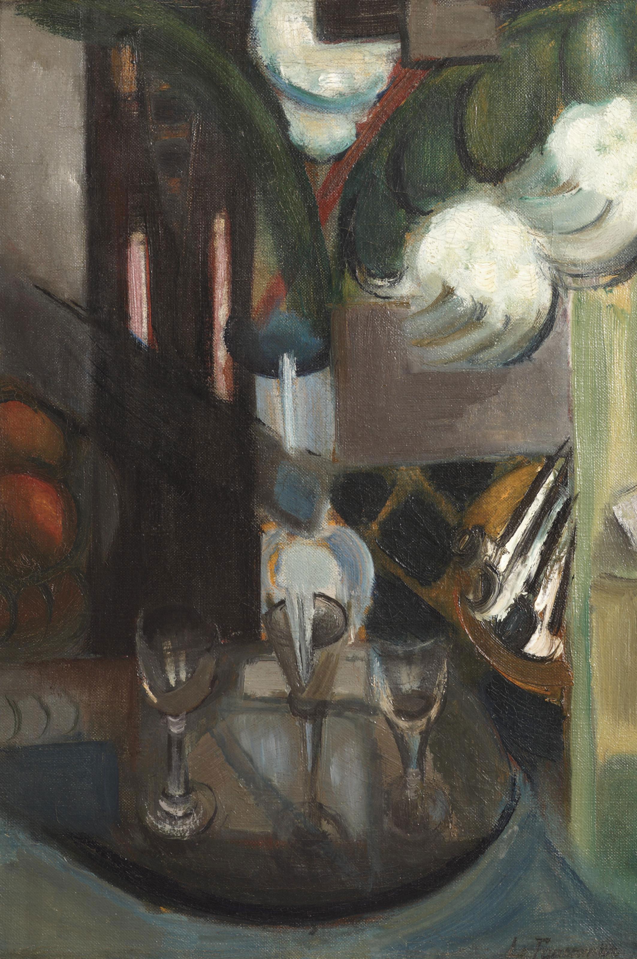 Henri Le Fauconnier - A still life with a carafe and glasses