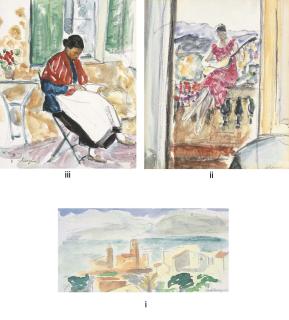 Henri Lebasque - i. Le Cannet, Femme à la mandoline II. Femme lisant dans un jardin III. Le Cannet, l\'église Sainte-Catherine