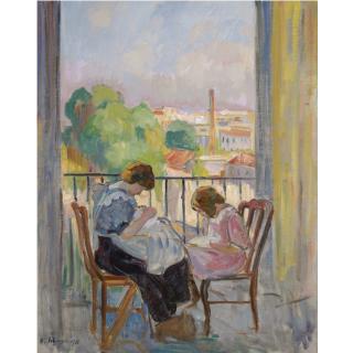 Henri Lebasque - Madame Lebasque Et Sa Fille Cousant Devant La Fenêtre