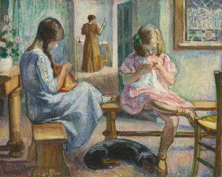 Henri Lebasque - Marthe Et Nono Cousant Dans Un Intérieur