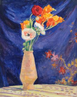 Henri Lebasque - Vase d\'anémones sur fond bleu