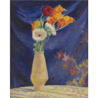 Henri Lebasque - Vase D\'Anémones Sur Fond Bleu