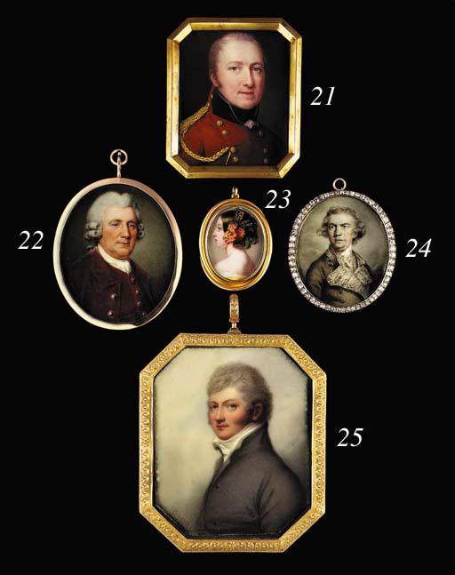 Henri L\'Évêque - An officer, facing right in scarlet coat with blue collar and gold buttons, gold epaulette and attached braiding, lace cravat and black stock, short powdered hair