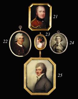 Henri L\'Évêque - An officer, facing right in scarlet coat with blue collar and gold buttons, gold epaulette and attached braiding, lace cravat and black stock, short powdered hair