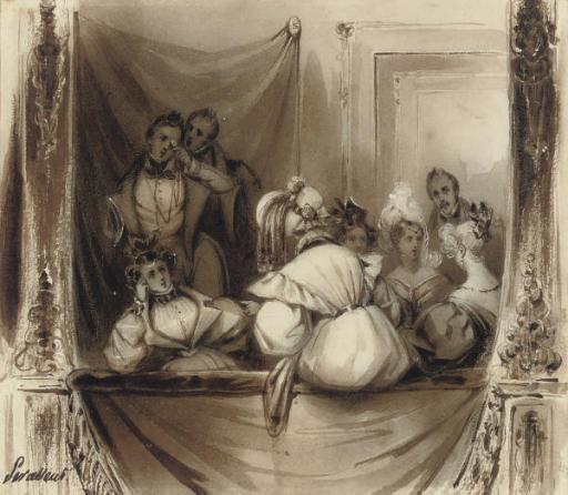 Henri-Louis Levasseur - An elegant company in a theatre box (illustrated); and An evening in with the family