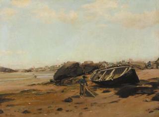 Henri Louis Saintin - A French coastal scene with fishermen on the beach