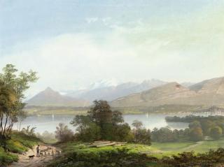 Henri Luc Mottu - A shepherd guiding the flock home on the shores of Lake Geneva (illustrated); and Anglers fishing on a lake shore