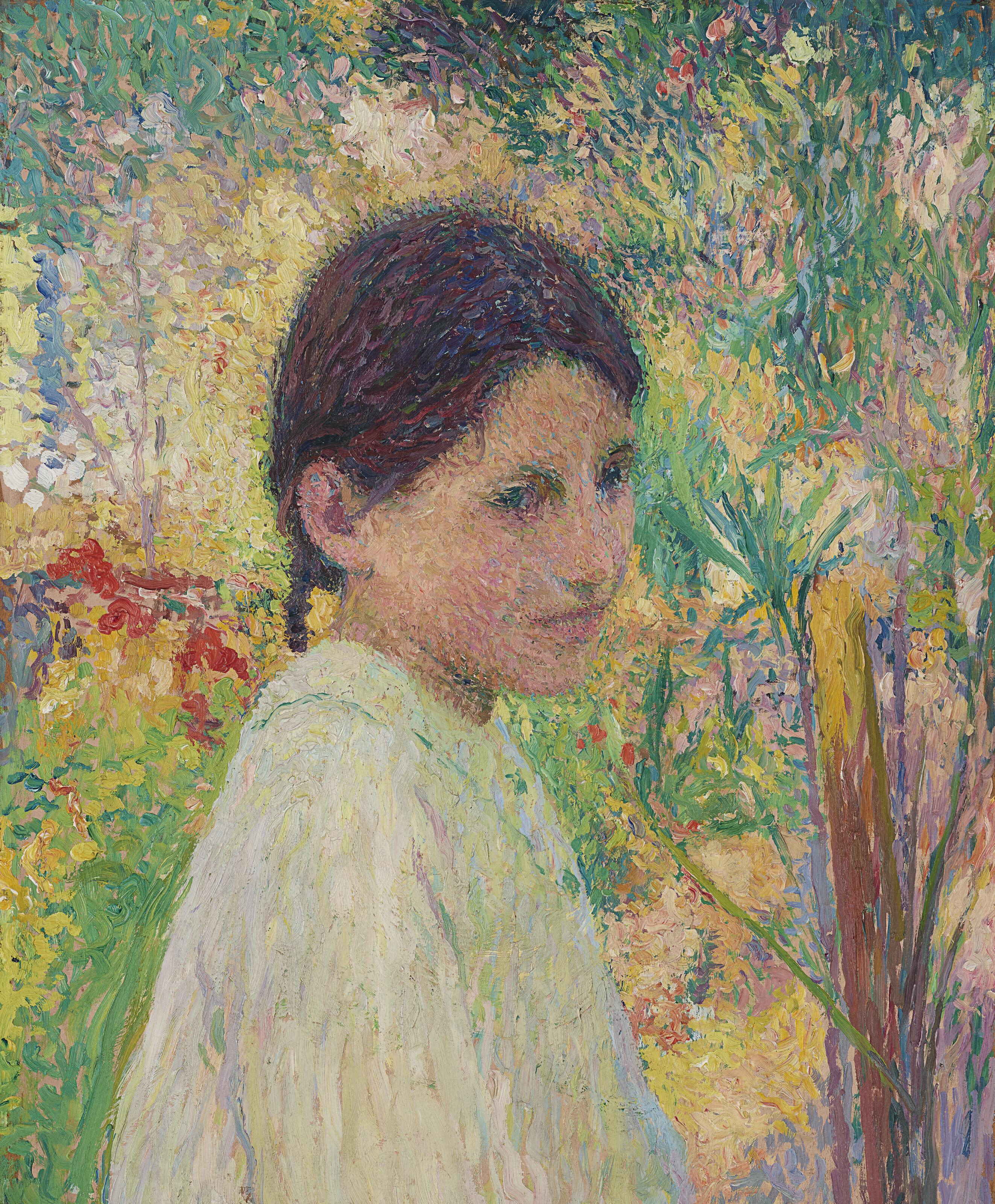 Henri Martin - Buste de jeune fille de trois quart sur fond de jardin