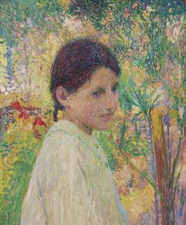 Henri Martin - Buste de jeune fille de trois quart sur fond de jardin