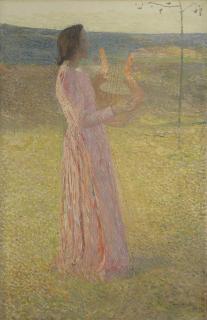 Henri Martin - Femme habillée de rose tenant une lyre au milieu d\'un champ