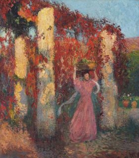 Henri Martin - Jeune Femme Portant Une Corbeille Sur La Tête Devant Une Pergola De Vigne-Vierge Rouge