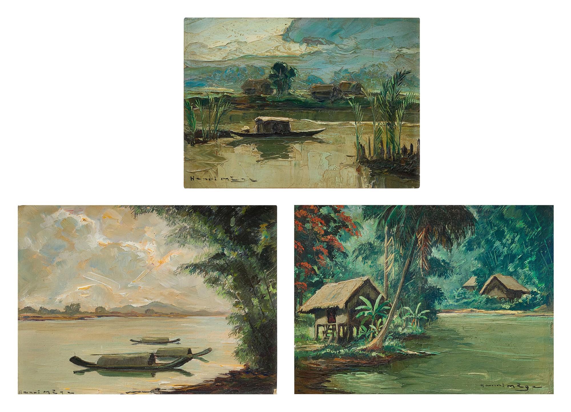 Henri Mege - (i) Evening at Thanh Da near Thi Nghe, Saigon (ii) Afternoon in the River of Perfume, Hue (iii) Landscape of Annam